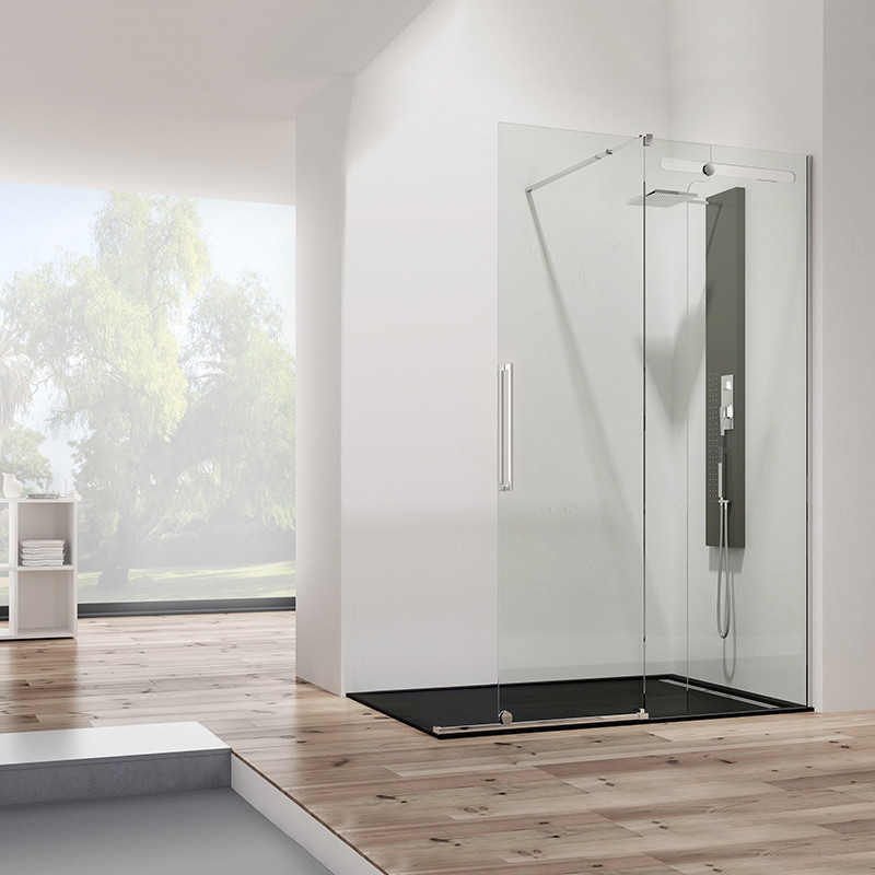 Mampara de ducha fija más puerta corredera modelo Vetrum Free de Gme color cromado