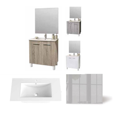 Mueble con patas modelo Smart de Futurbaño color blanco, cambiant y ceniza. Con la imagen del lavabo y espejo a conjunto